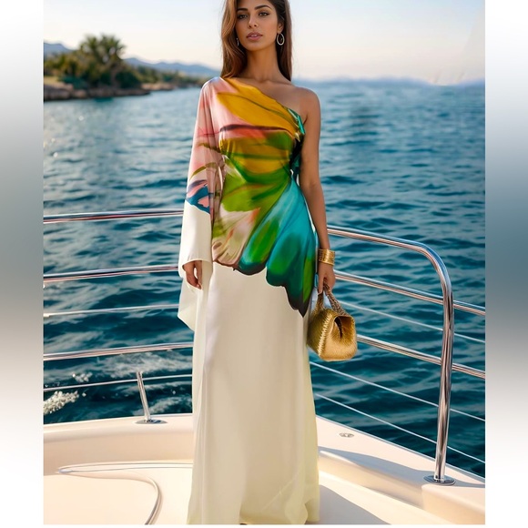 Butterfly 🦋 Effect Colorful One-Shoulder Maxi Dress - Picture 8 of 10